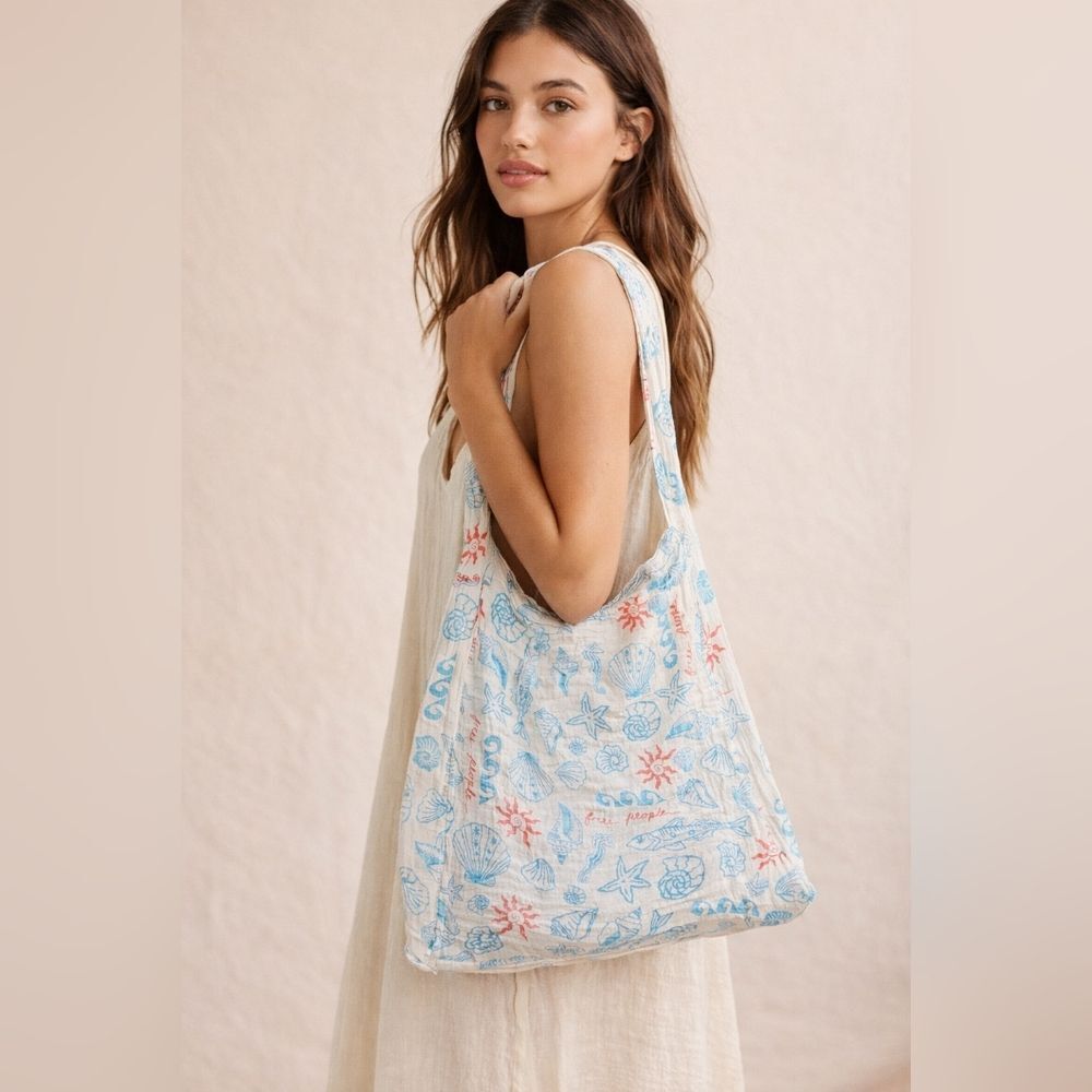 Free People Cream Tote with Blue and Coral Shell Print